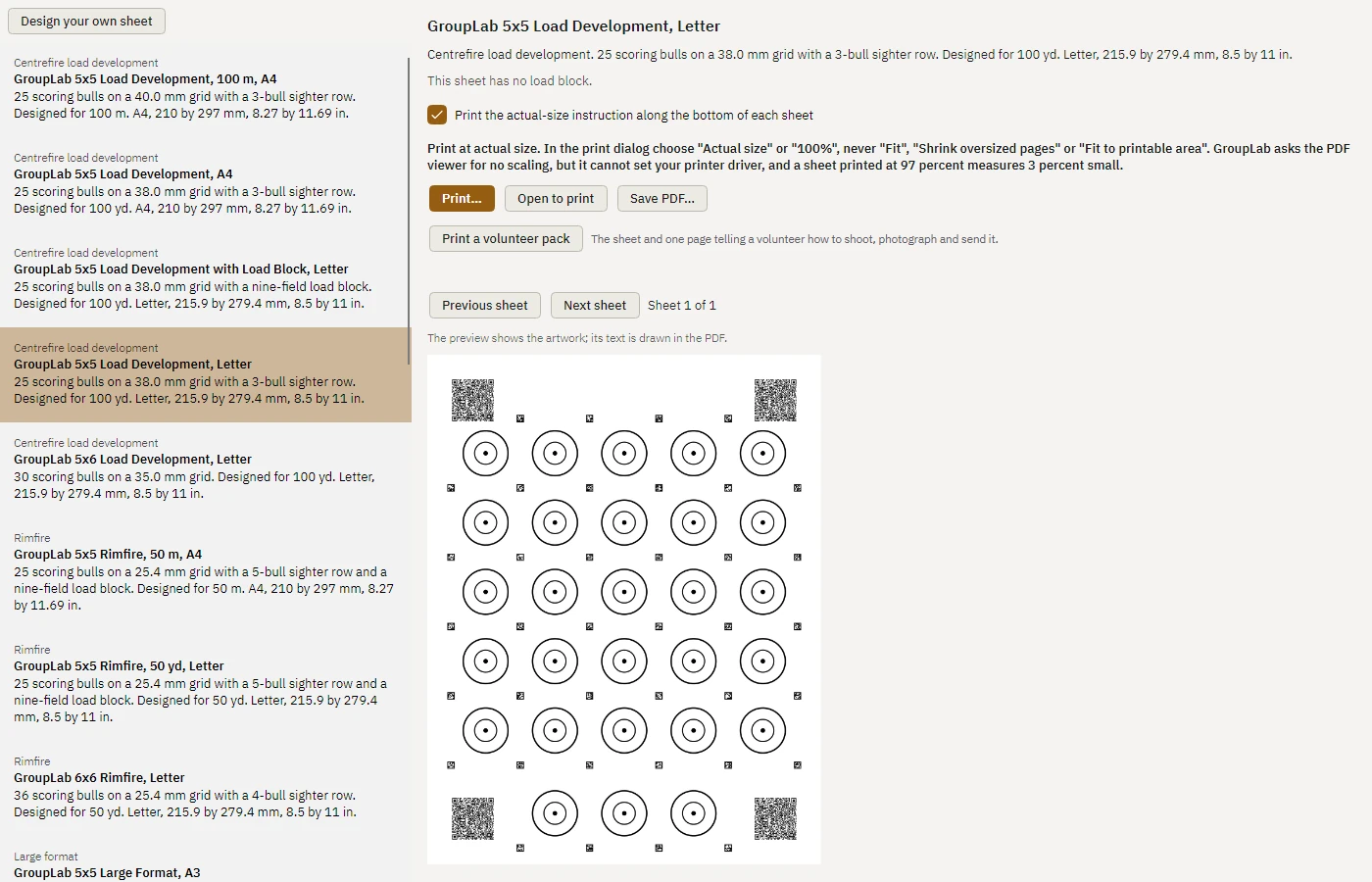 The print screen with a sheet preview and the load block fields